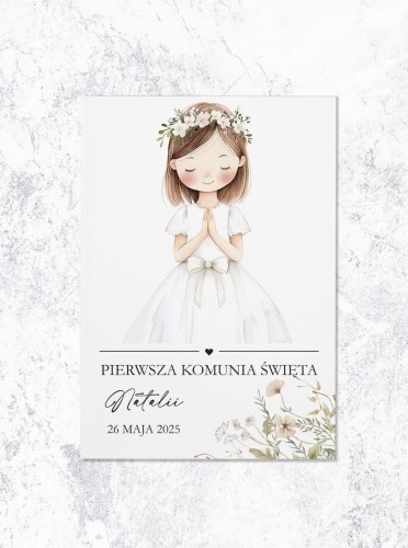 ZAPROSZENIA komunia święta - dziewczynka w pastelowych kwiatach - przód