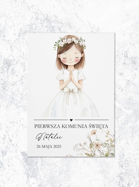 ZAPROSZENIA komunia święta - dziewczynka w pastelowych kwiatach - przód