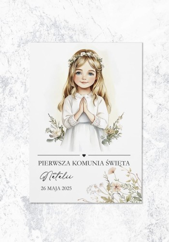 ZAPROSZENIA komunia święta - dziewczynka z kwiatowym wiankiem - przód