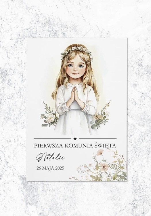 ZAPROSZENIA komunia święta - dziewczynka z kwiatowym wiankiem - przód