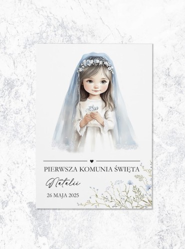 ZAPROSZENIA komunia święta - dziewczynka w niebieskich kwiatkach - przód