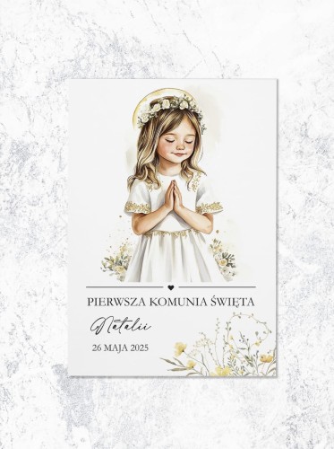 ZAPROSZENIA komunia święta - dziewczynka otoczeniu żółtych kwiatów - przód