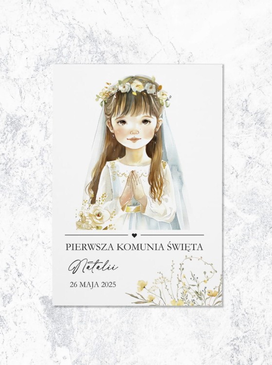 ZAPROSZENIA komunia święta - dziewczynka w słonecznym wianku - przód