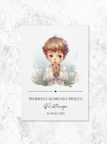 ZAPROSZENIA komunia święta - chłopiec w pastelowych kwiatach - przód