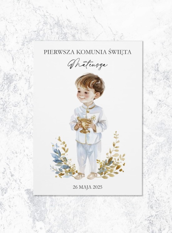 ZAPROSZENIA komunia święta - chłopiec w pastelowych listkach - przód