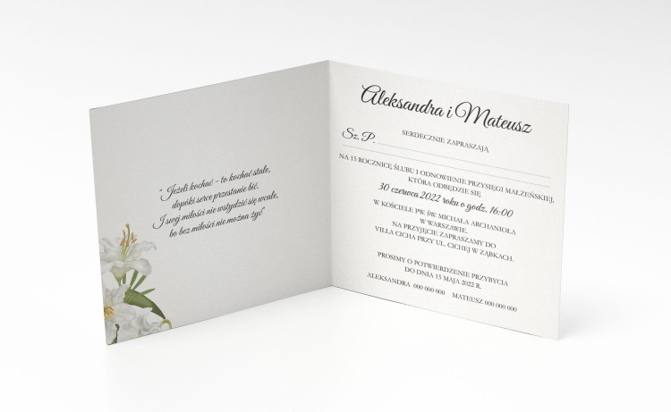 ZAPROSZENIA rocznica ślubu - złote serce z liliami - zadrukowana