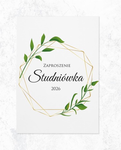 ZAPROSZENIA studniówka - geometryczna złota rama z zielonym liściem -zadrukowana