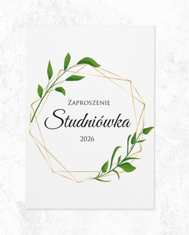 ZAPROSZENIA studniówka - geometryczna złota rama z zielonym liściem -zadrukowana