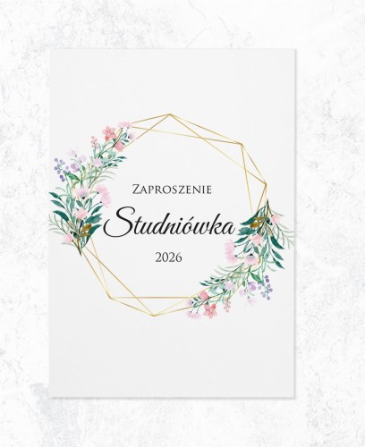ZAPROSZENIA studniówka - geometryczna złota rama z bukietem kwiatów-zadrukowana