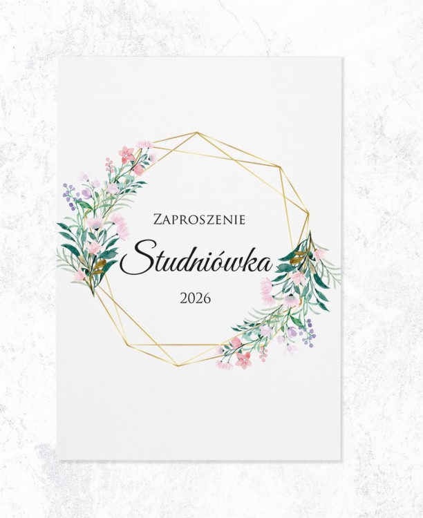 ZAPROSZENIA studniówka - geometryczna złota rama z bukietem kwiatów-zadrukowana