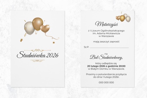 ZAPROSZENIA studniówka - złote balony-zadrukowana