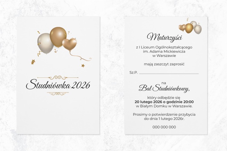 ZAPROSZENIA studniówka - złote balony-zadrukowana